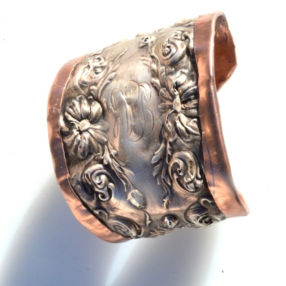 Art Nouveau Rustic Floral Sterling Cuff Bracelet - Picture 2 of 6